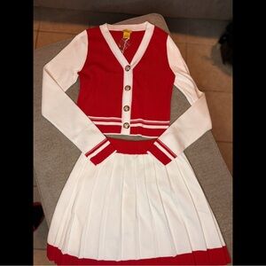 Red and White Cardigan and Skirt Set